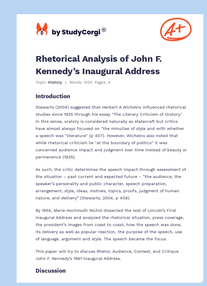 Rhetorical Analysis of John F. Kennedy’s Inaugural Address. Page 1