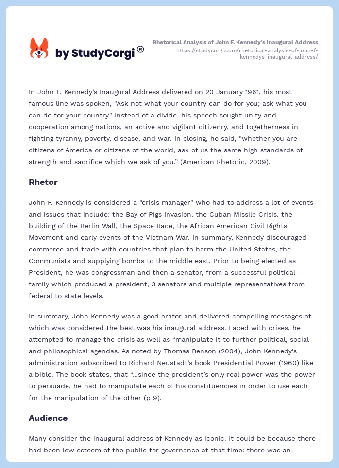 Rhetorical Analysis of John F. Kennedy’s Inaugural Address. Page 2