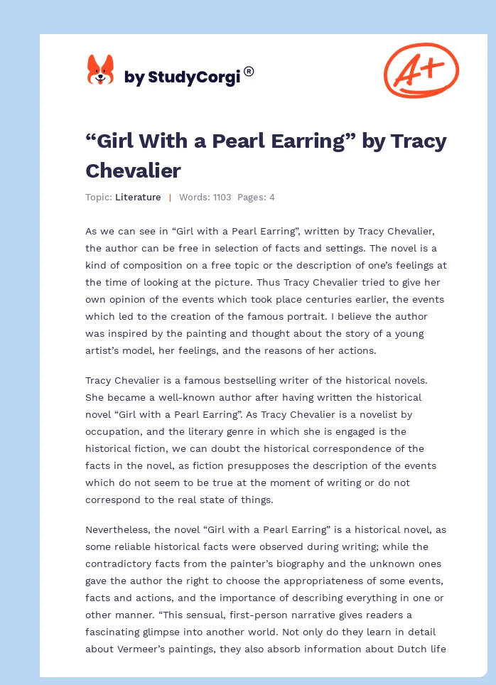 “Girl With a Pearl Earring” by Tracy Chevalier. Page 1