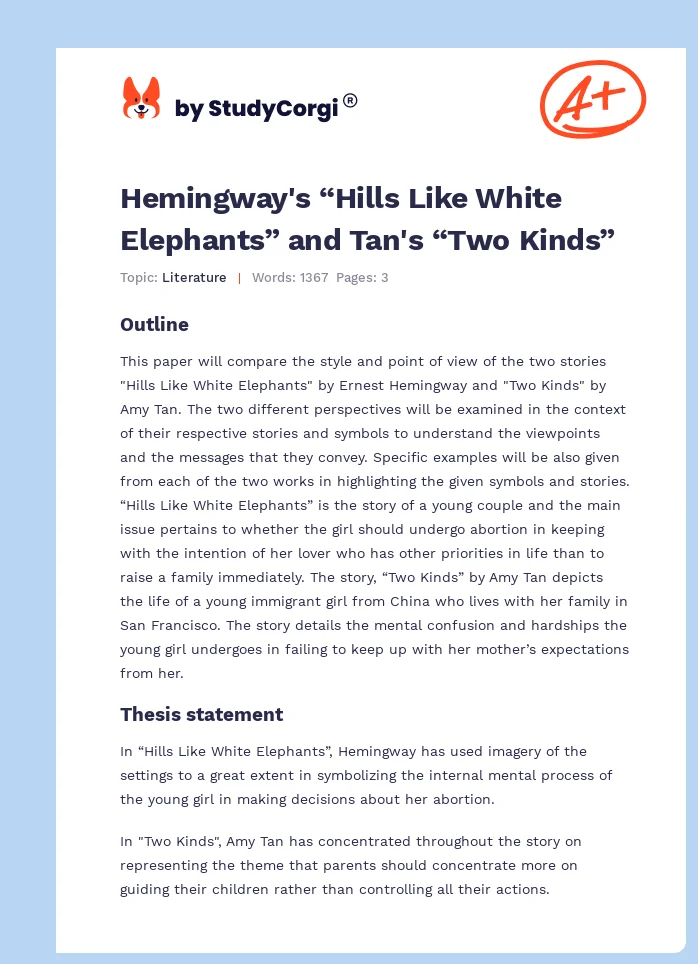 Hemingway's “Hills Like White Elephants” and Tan's “Two Kinds”. Page 1