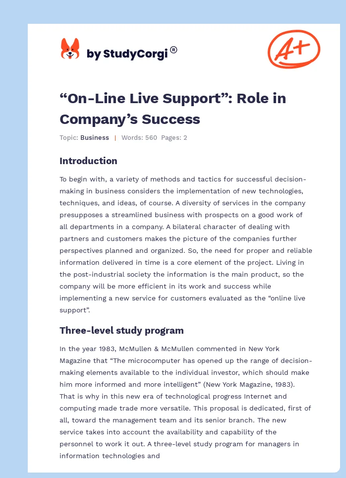 “On-Line Live Support”: Role in Company’s Success. Page 1