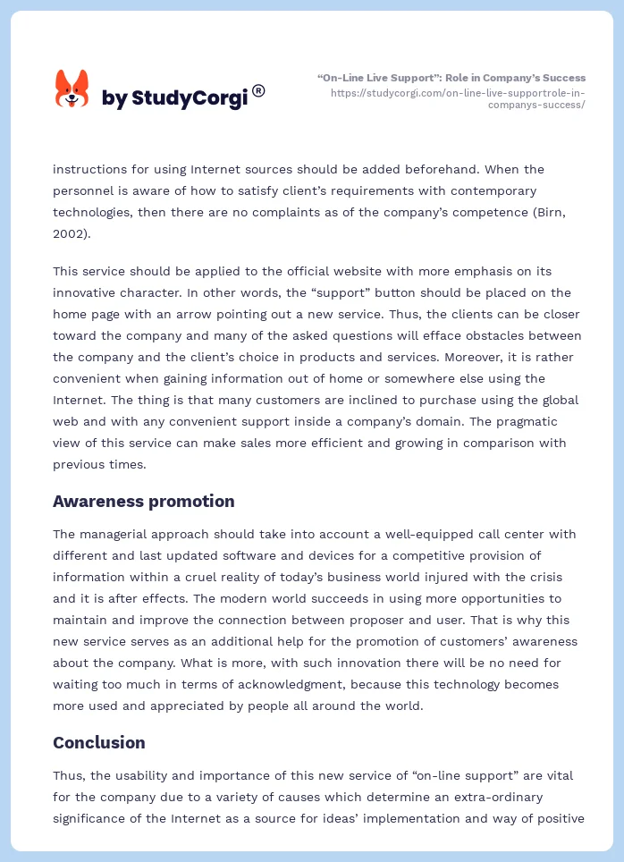 “On-Line Live Support”: Role in Company’s Success. Page 2