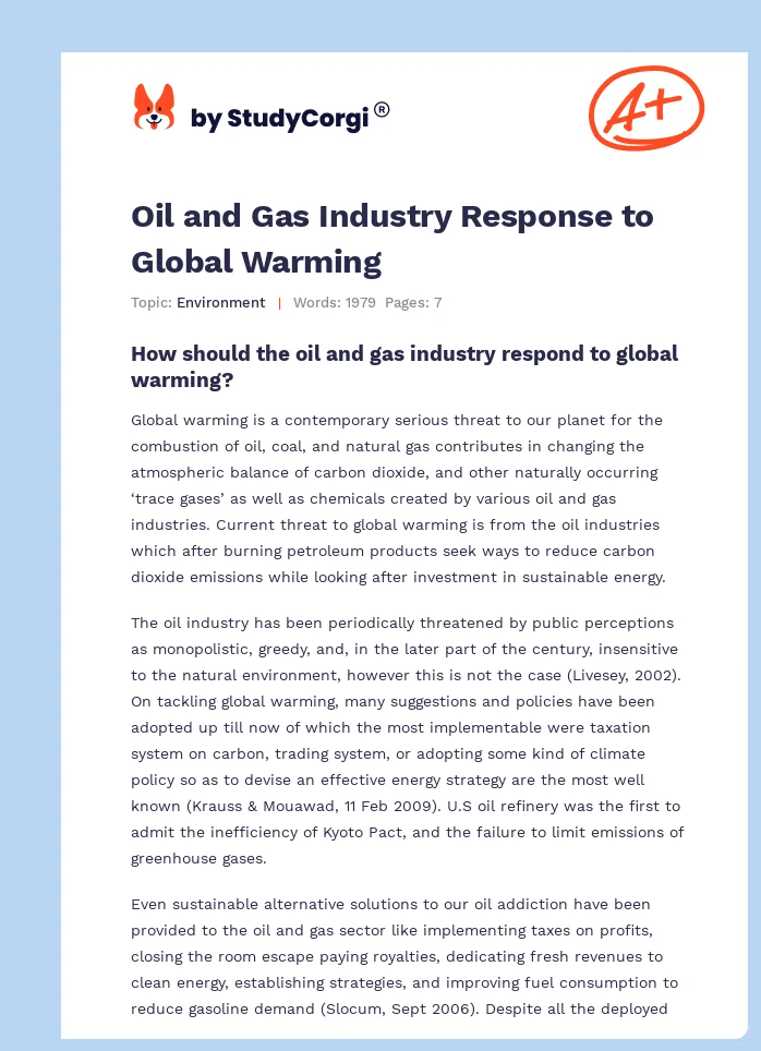 Oil and Gas Industry Response to Global Warming. Page 1