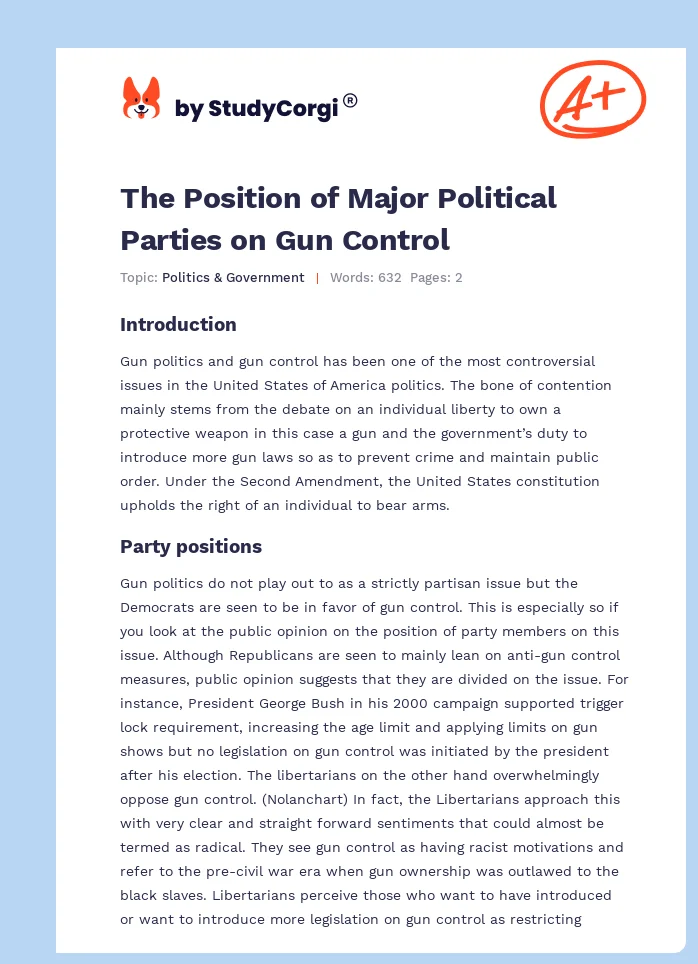 The Position of Major Political Parties on Gun Control. Page 1