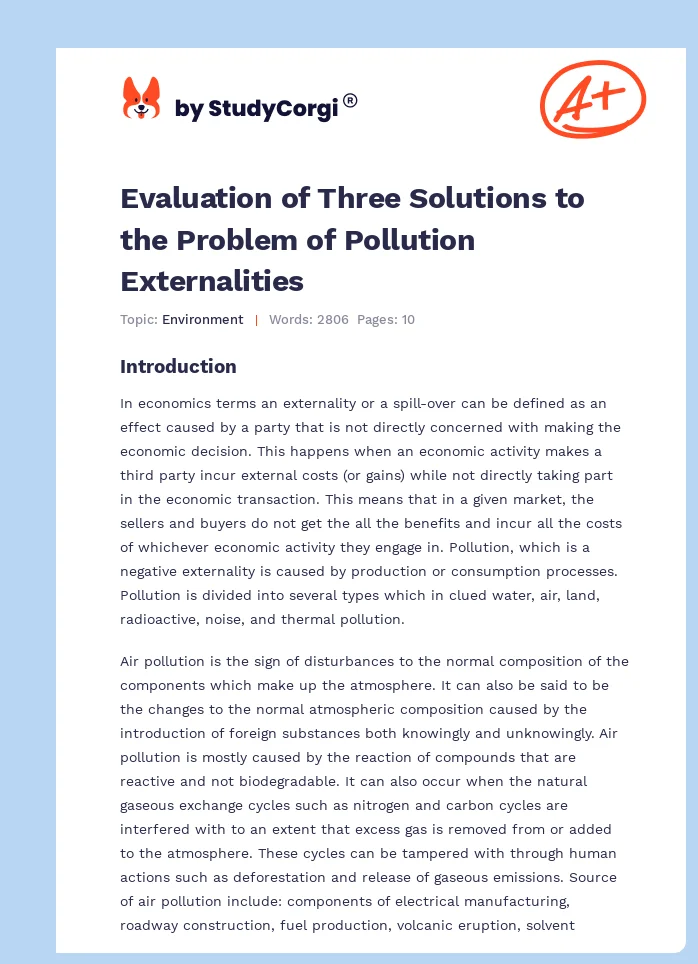Evaluation of Three Solutions to the Problem of Pollution Externalities. Page 1