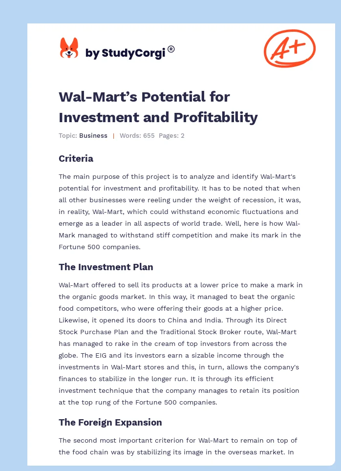 Wal-Mart’s Potential for Investment and Profitability. Page 1