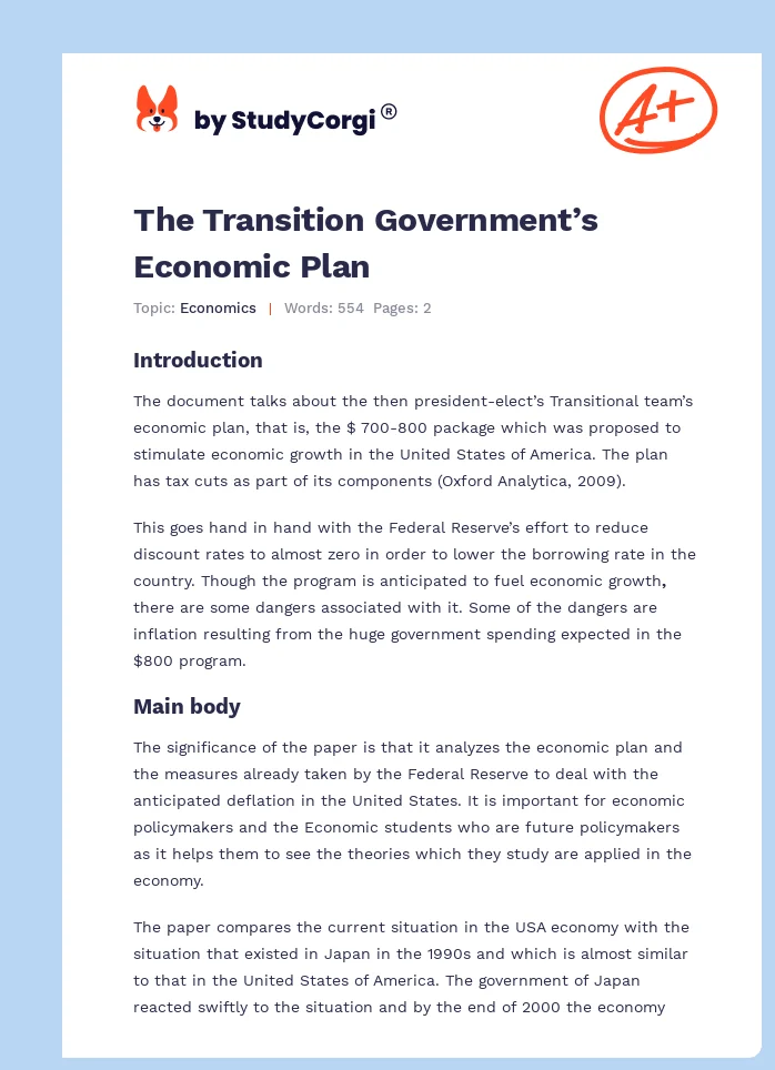 The Transition Government’s Economic Plan. Page 1