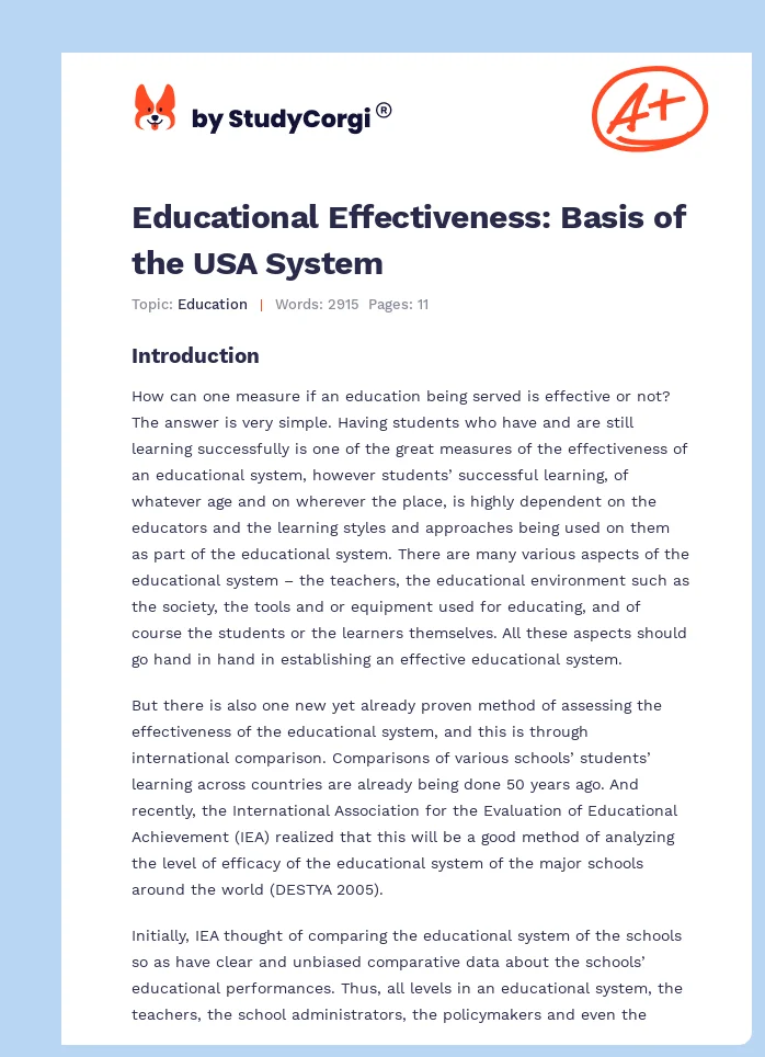 Educational Effectiveness: Basis of the USA System. Page 1