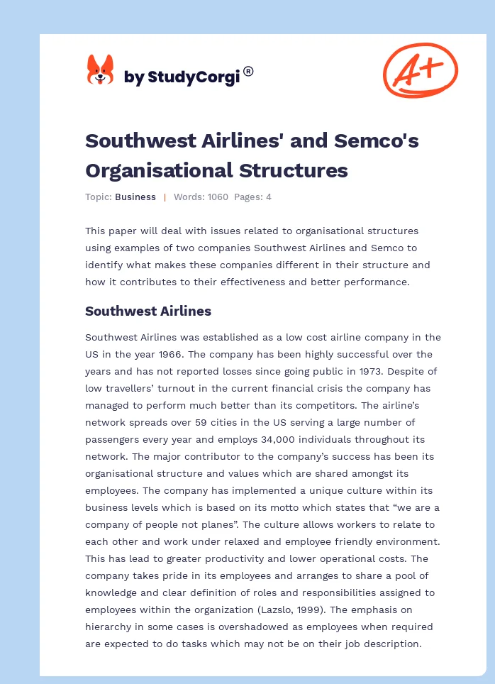 Southwest Airlines' and Semco's Organisational Structures. Page 1