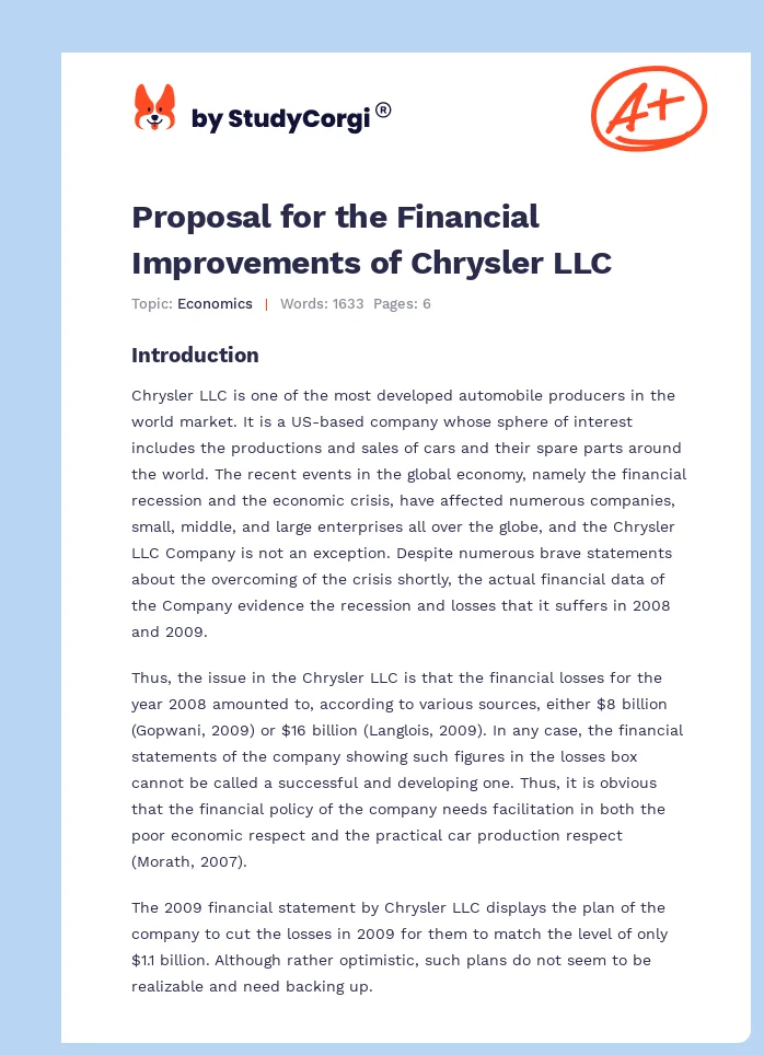 Proposal for the Financial Improvements of Chrysler LLC. Page 1
