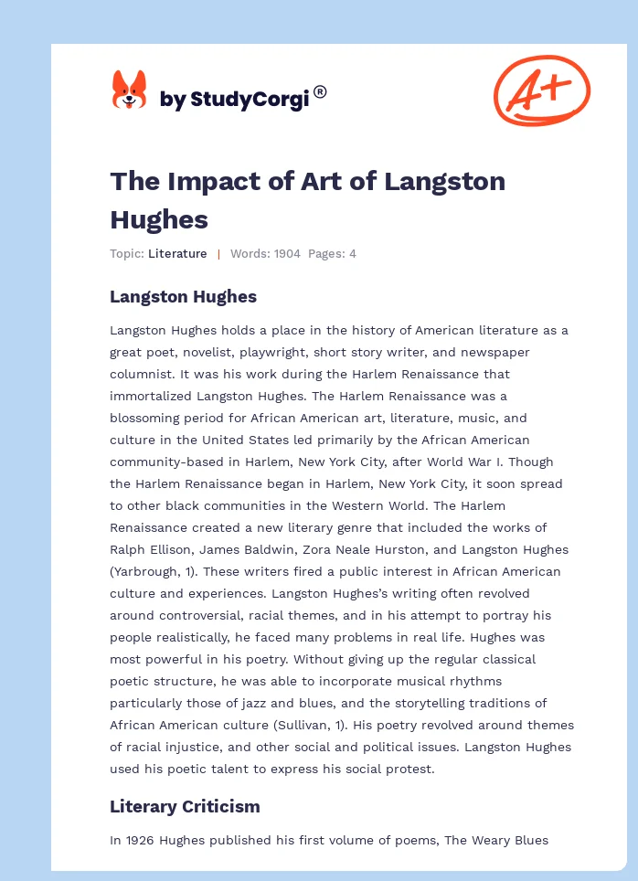 The Impact of Art of Langston Hughes. Page 1