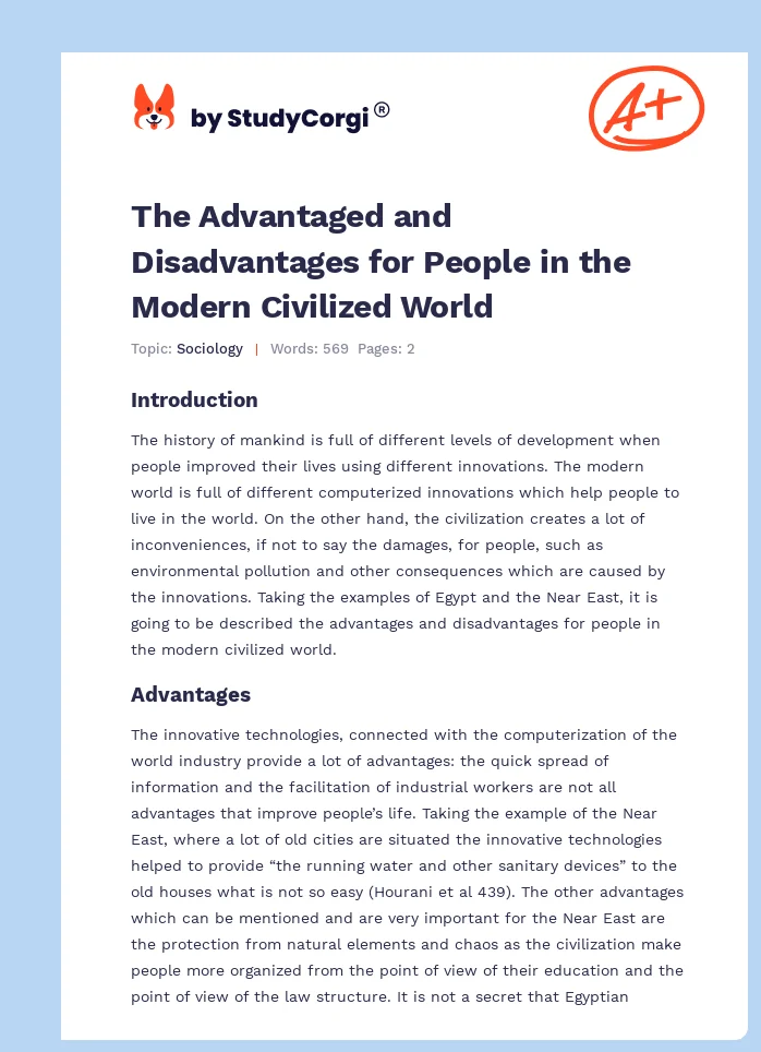 The Advantaged and Disadvantages for People in the Modern Civilized World. Page 1