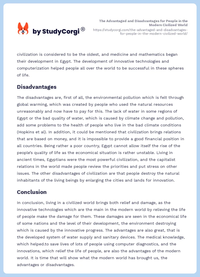 The Advantaged and Disadvantages for People in the Modern Civilized World. Page 2