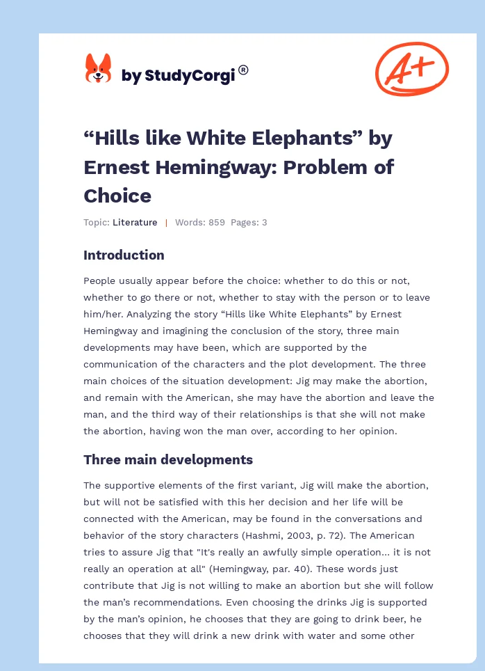 “Hills like White Elephants” by Ernest Hemingway: Problem of Choice. Page 1