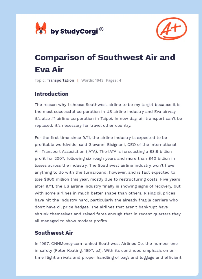 Comparison of Southwest Air and Eva Air. Page 1