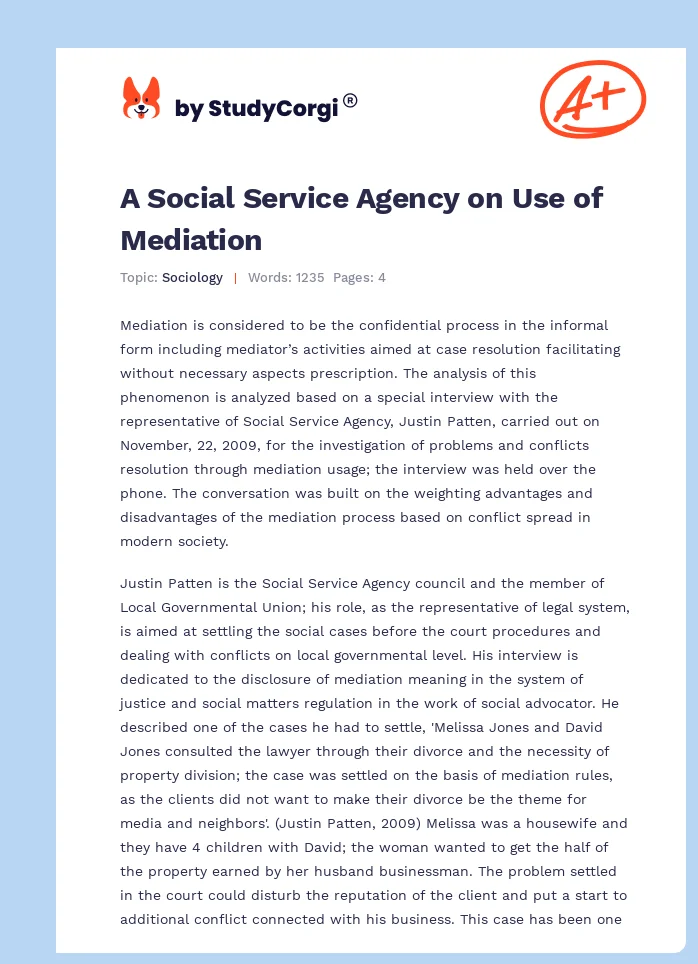 A Social Service Agency on Use of Mediation. Page 1