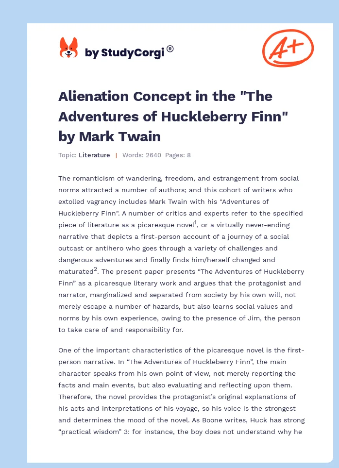 Alienation Concept in the "The Adventures of Huckleberry Finn" by Mark Twain. Page 1