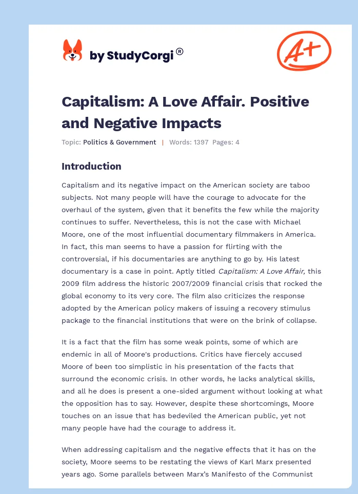 Capitalism: A Love Affair. Positive and Negative Impacts. Page 1