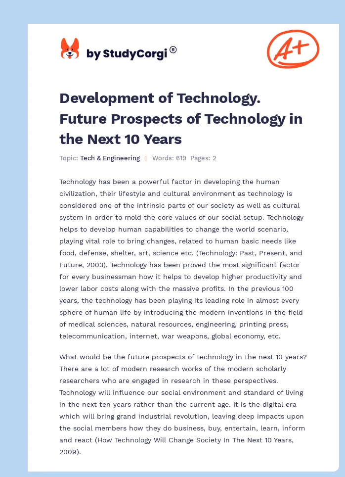 Development of Technology. Future Prospects of Technology in the Next 10 Years. Page 1
