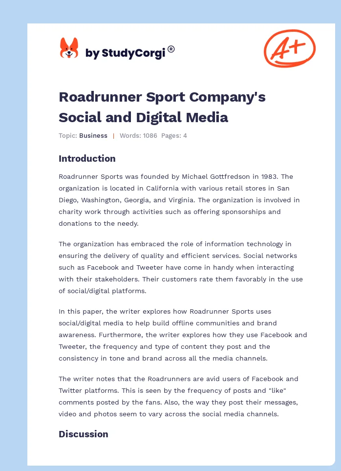 Roadrunner Sport Company's Social and Digital Media. Page 1