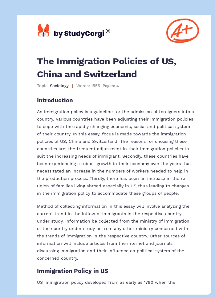 The Immigration Policies of US, China and Switzerland. Page 1