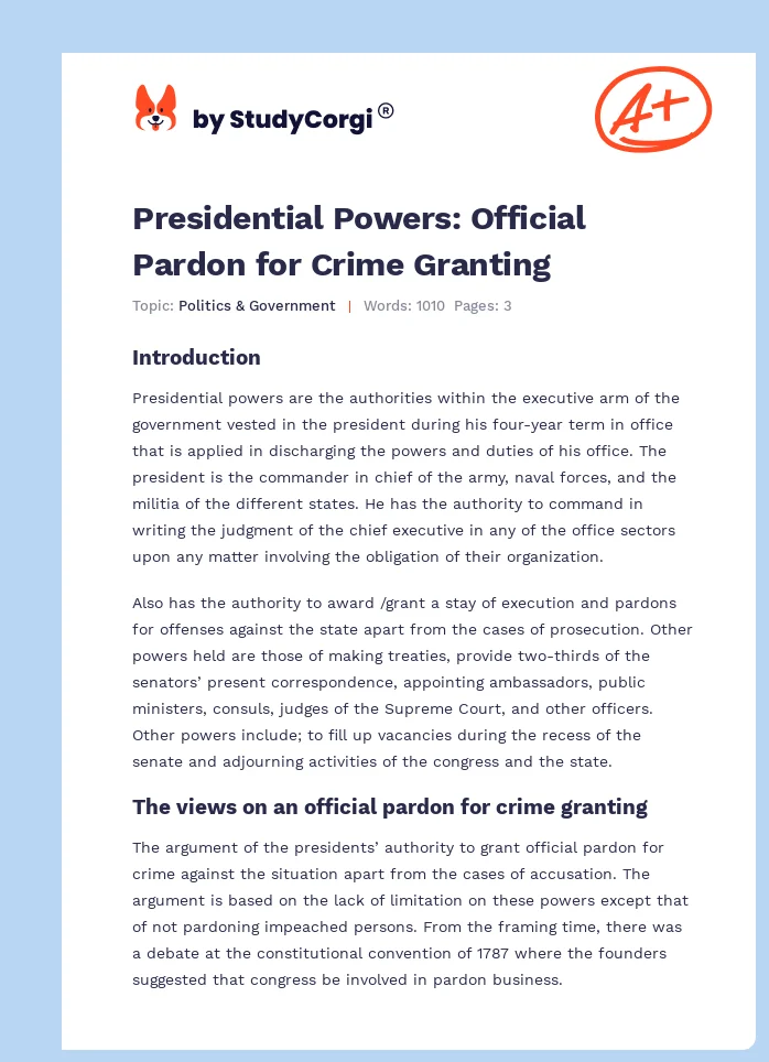 Presidential Powers: Official Pardon for Crime Granting. Page 1