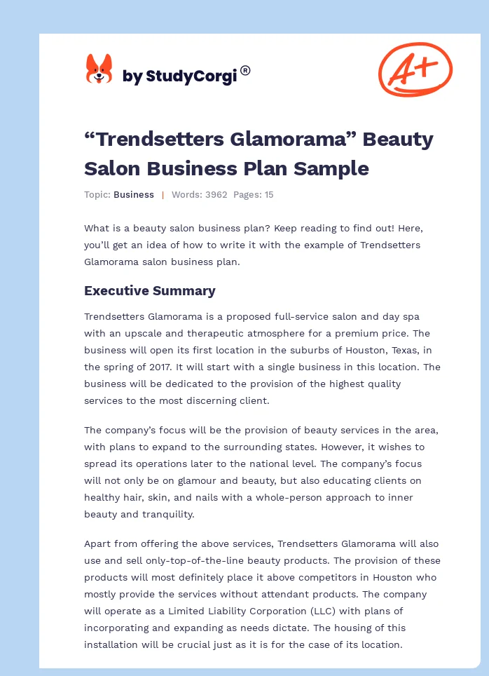 “Trendsetters Glamorama” Beauty Salon Business Plan Sample. Page 1