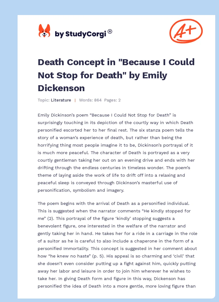 Death Concept in "Because I Could Not Stop for Death" by Emily Dickenson. Page 1