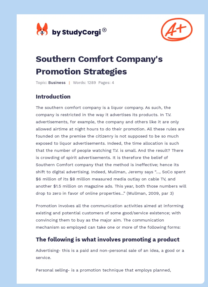 Southern Comfort Company's Promotion Strategies. Page 1