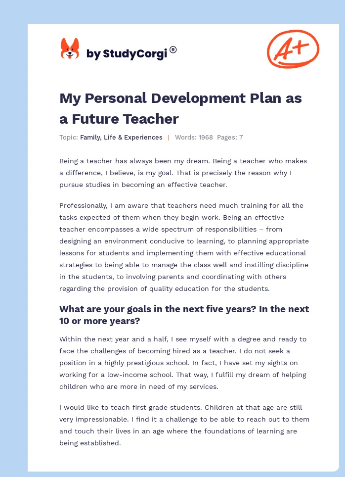 My Personal Development Plan as a Future Teacher. Page 1