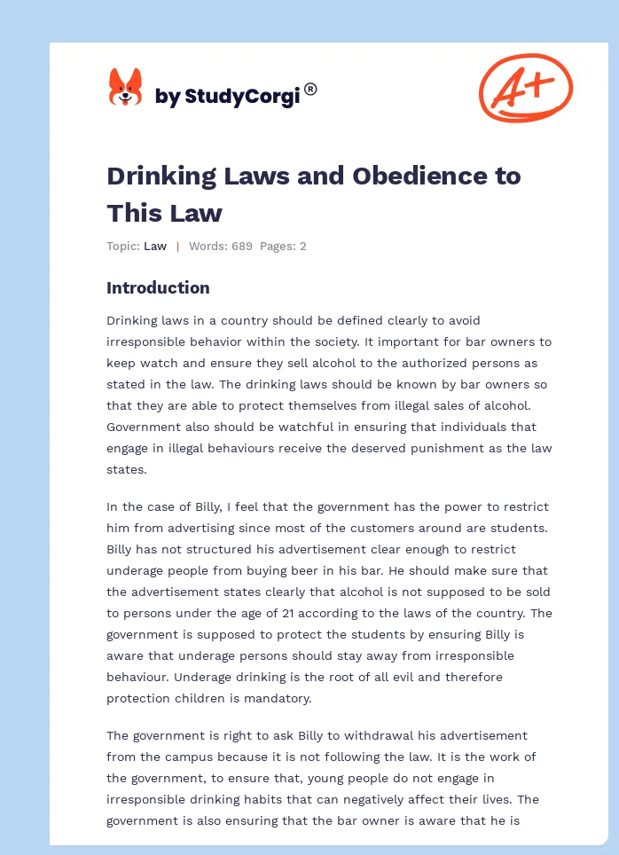 Drinking Laws and Obedience to This Law. Page 1