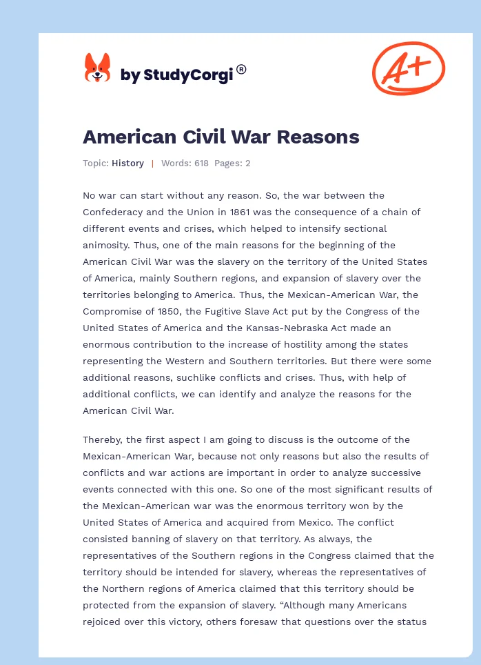 American Civil War Reasons. Page 1