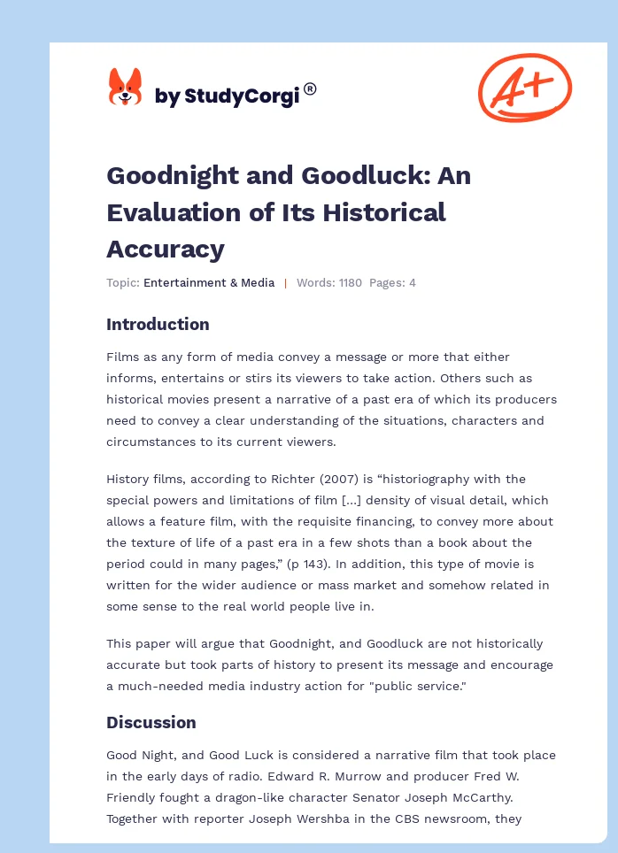Goodnight and Goodluck: An Evaluation of Its Historical Accuracy. Page 1