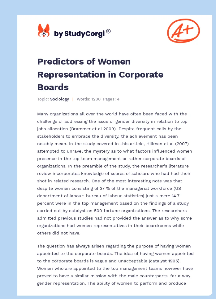 Predictors of Women Representation in Corporate Boards. Page 1