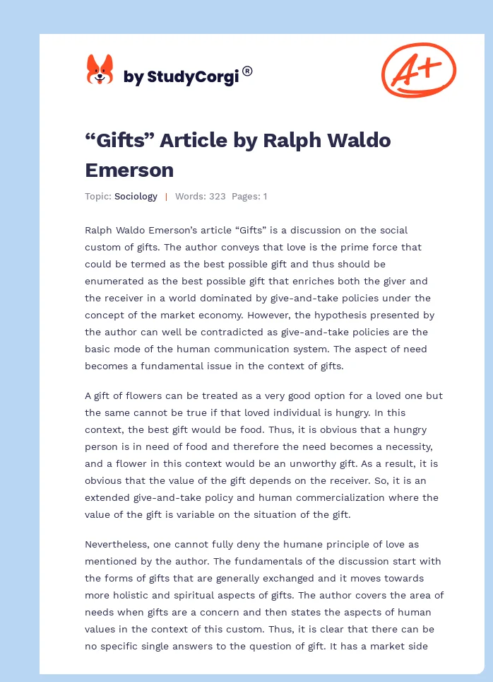 “Gifts” Article by Ralph Waldo Emerson. Page 1