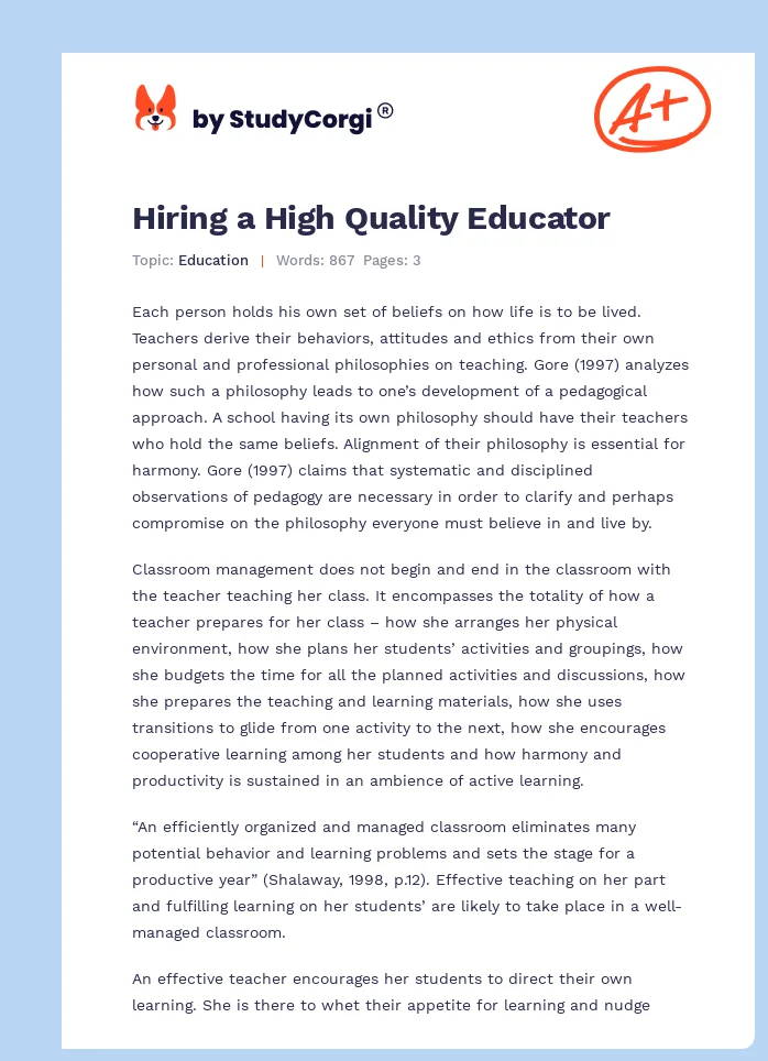 Hiring a High Quality Educator. Page 1
