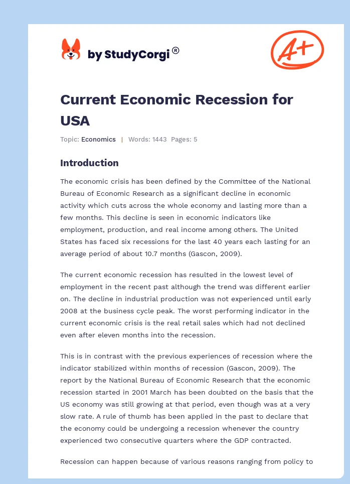 Current Economic Recession for USA. Page 1