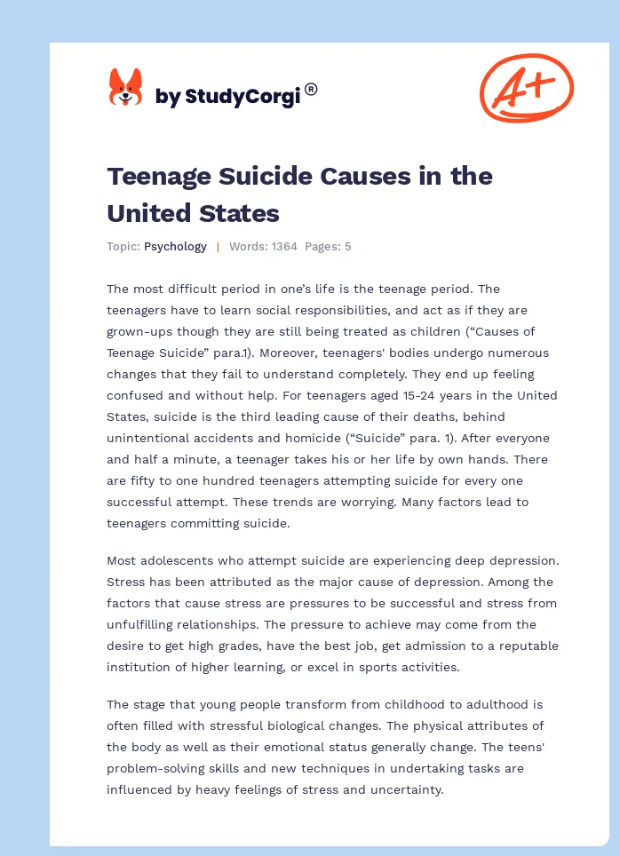 Teenage Suicide Causes in the United States. Page 1