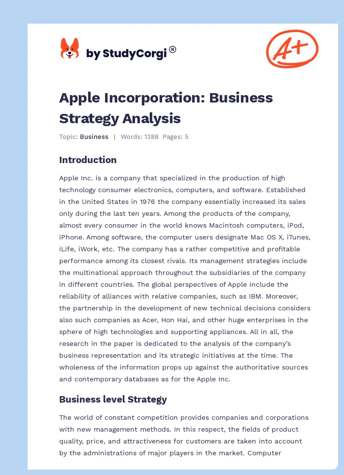 Apple Incorporation: Business Strategy Analysis. Page 1