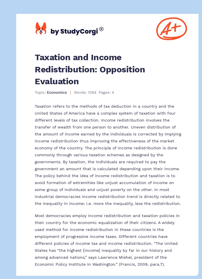 Taxation and Income Redistribution: Opposition Evaluation. Page 1