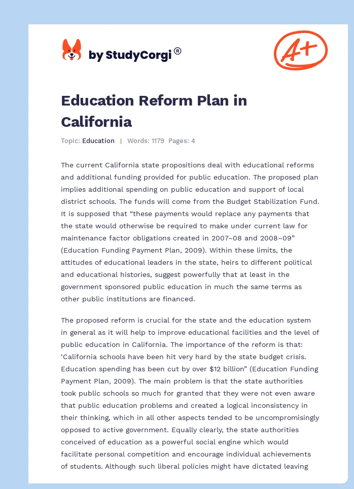 Education Reform Plan in California. Page 1