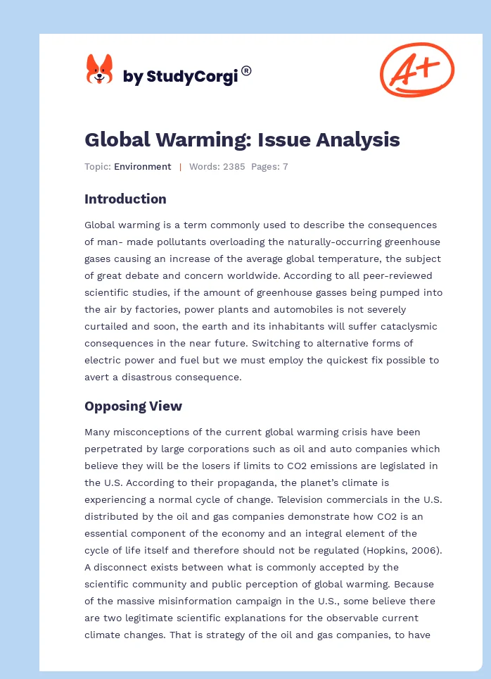 Global Warming: Issue Analysis. Page 1