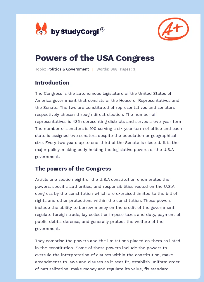 Powers of the USA Congress. Page 1