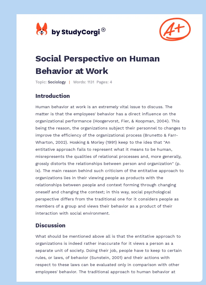 Social Perspective on Human Behavior at Work. Page 1