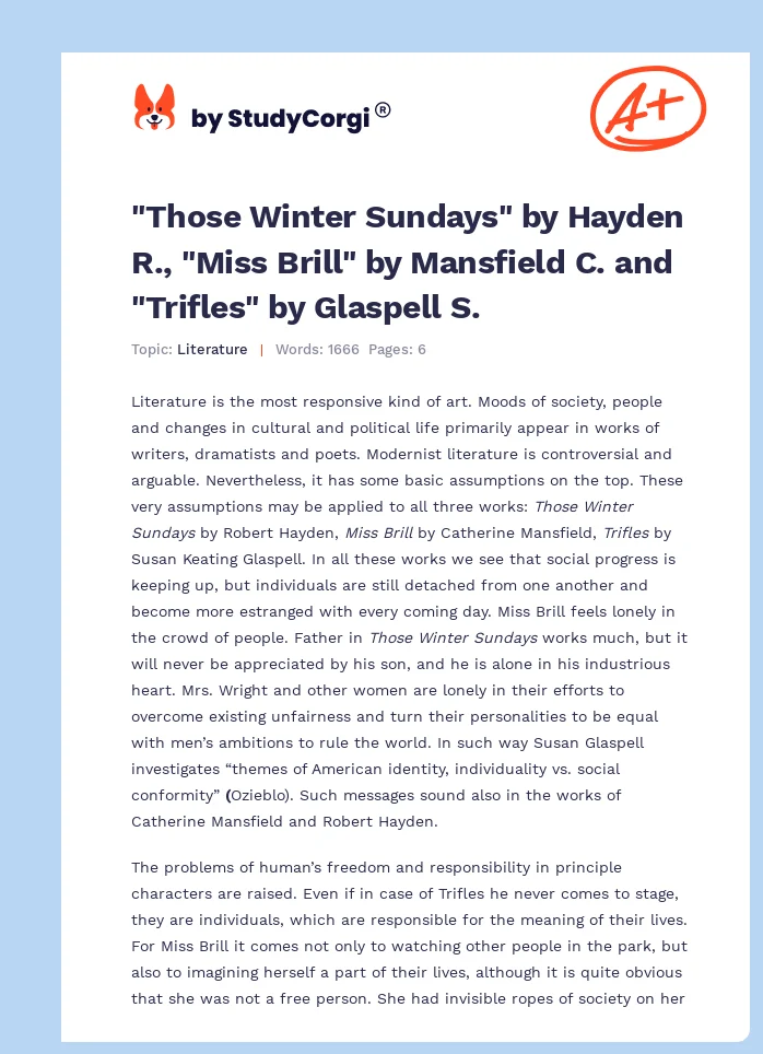 "Those Winter Sundays" by Hayden R., "Miss Brill" by Mansfield C. and "Trifles" by Glaspell S.. Page 1
