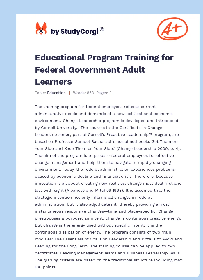 Educational Program Training for Federal Government Adult Learners. Page 1