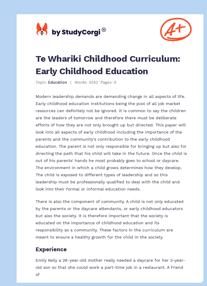 Te Whariki Childhood Curriculum: Early Childhood Education. Page 1