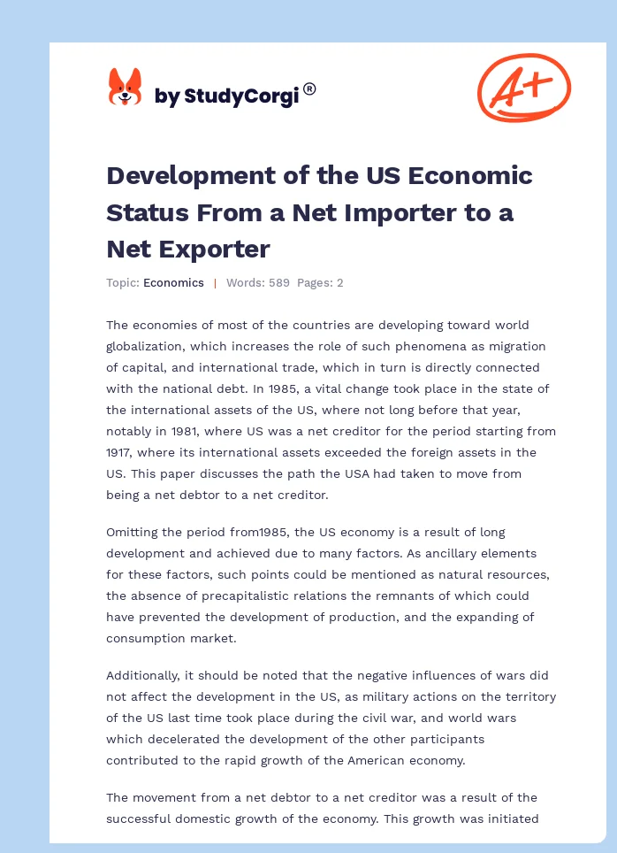 Development of the US Economic Status From a Net Importer to a Net Exporter. Page 1