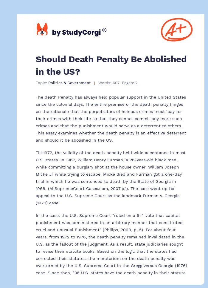 Should Death Penalty Be Abolished in the US?. Page 1