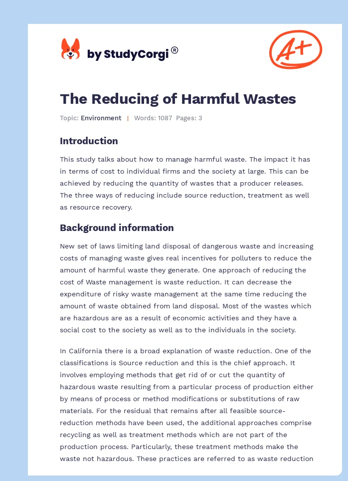 The Reducing of Harmful Wastes. Page 1